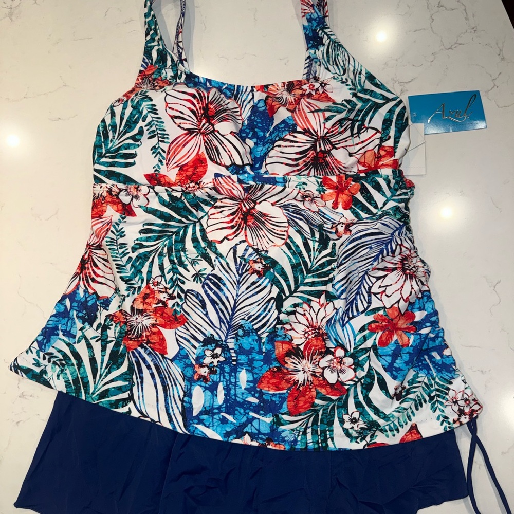Azul Floral Faux Tankini Top with attached Blue Skirt 16W New